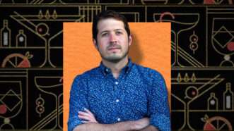 Photo of Jacob Grier overlaid on orange background and black background with gold cocktails | Lex Villena, Reason
