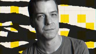 Libertarian Party presidential nominee Chase Oliver with a black, white, and yellow background | llustration: Lex Villena; Robin Rayne/ZUMAPRESS/Newscom