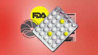 A red background with several different logos and a packet of pills | Illustration by Lex Villena; adapted from Anna Shvets