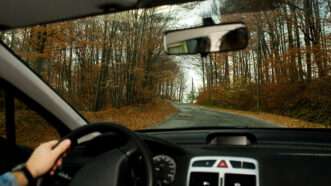A POV shot of the driver of a sedan, on a rural road in a wooded area, with one hand on the steering wheel. | Luckynick | Dreamstime.com