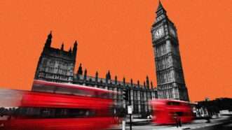 Big Ben and British parliament building, with red buses and an orange background | llustration: Eddie Marshall | Michal Bednarek | Dreamstime.com