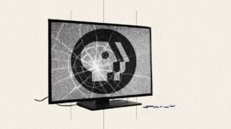 A tan background with a black and white image of a TV that has the PBS logo on it and has a shattered screen | lllustration: Eddie Marshall | Grok