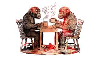 An illustration of two chips sitting at a table drinking coffee | Illustrations: Joanna Andreasson/ChatGPT-4writ