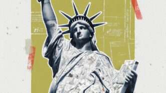 The Statue of Liberty against a yellow and tan background with faint white writing | Illustration: Eddie Marshall | Midjourney
